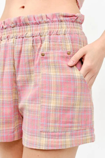 Pink Plaid Print Smocked Detail Casual Shorts - Tigbul's Variety Fashion Shop