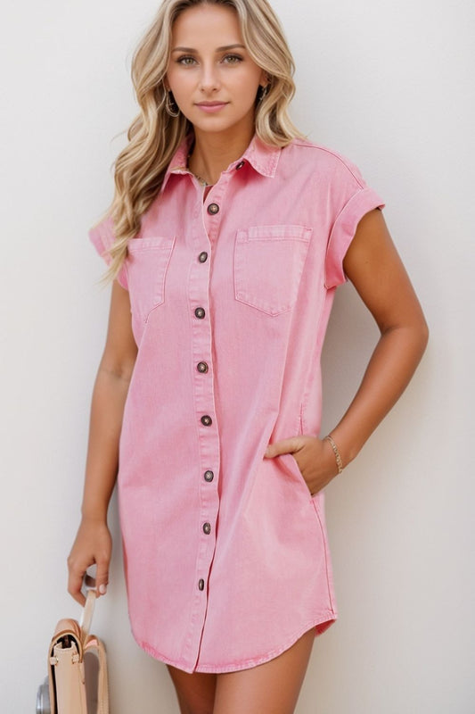 Button Down Short Sleeve Denim Dress - Tigbul's Variety Fashion Shop