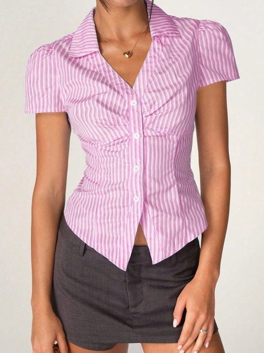 Striped Collared Neck Short Sleeve Shirt - Tigbul's Variety Fashion Shop