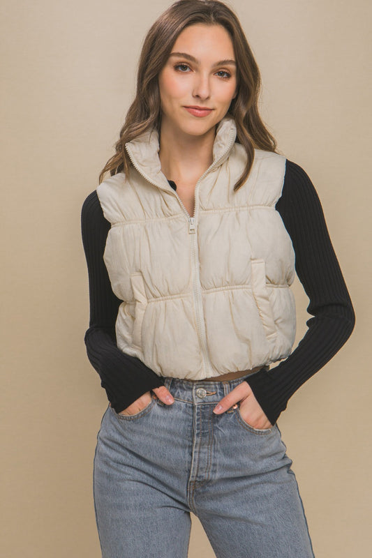 Cream Color Zip Up Turtleneck Cropped Vest Coat | Tigbuls