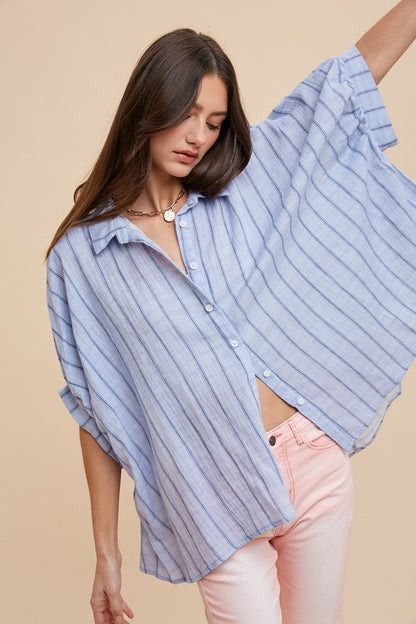 Annie Wear Striped Button Up Half Sleeve Shirt - Tigbul's Variety Fashion Shop