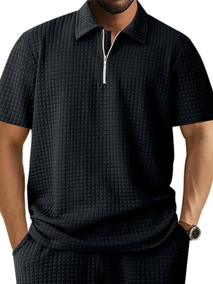 Men's Full Size Waffle Short Sleeve Polo with Zipper Detail Plus Size - Tigbul's Variety Fashion Shop