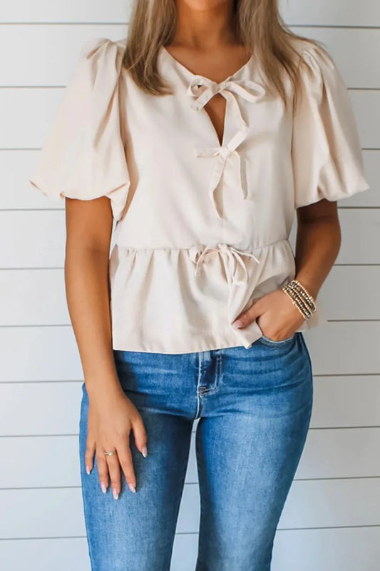 Bow Tie Short Puff Sleeve Ruffle Hem Blouse - Tigbul's Variety Fashion Shop