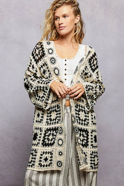 POL Open Front Crochet Cardigan with Granny Square Pattern - Tigbul's Variety Fashion Shop
