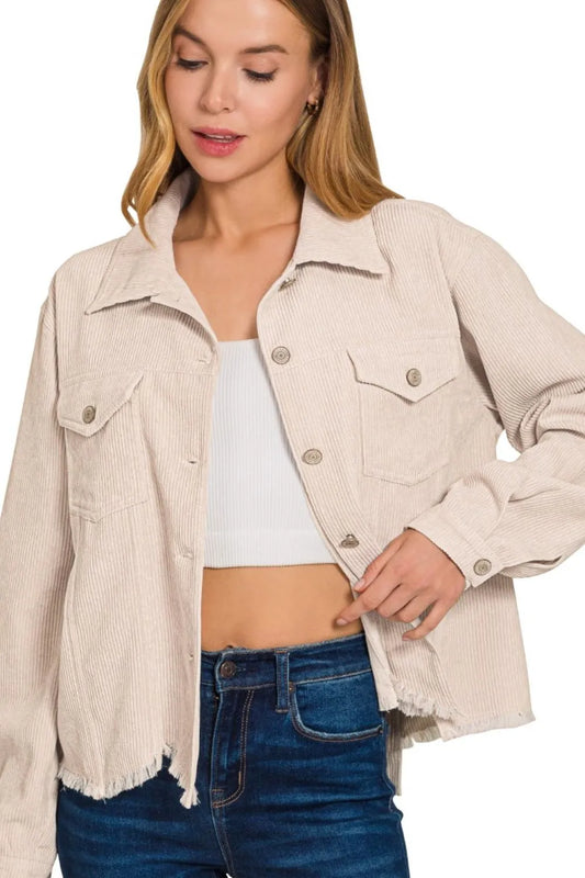 Zenana Distressed Corduroy Frayed Hem Cropped Jacket - Tigbul's Variety Fashion Shop