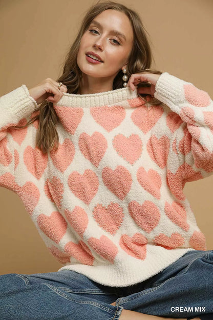 Cream Mix Color Heart Pattern Pearl Accent Sweater - Tigbul's Variety Fashion Shop