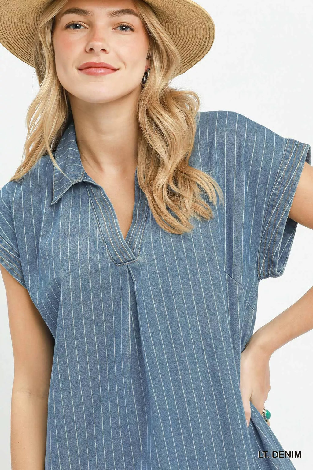 Umgee Pinstripe Denim Collared Midi Dress with Side Slits - Tigbul's Variety Fashion Shop