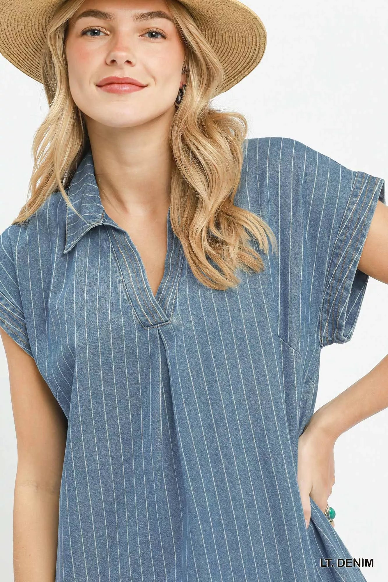 Umgee Pinstripe Denim Collared Midi Dress with Side Slits - Tigbul's Variety Fashion Shop