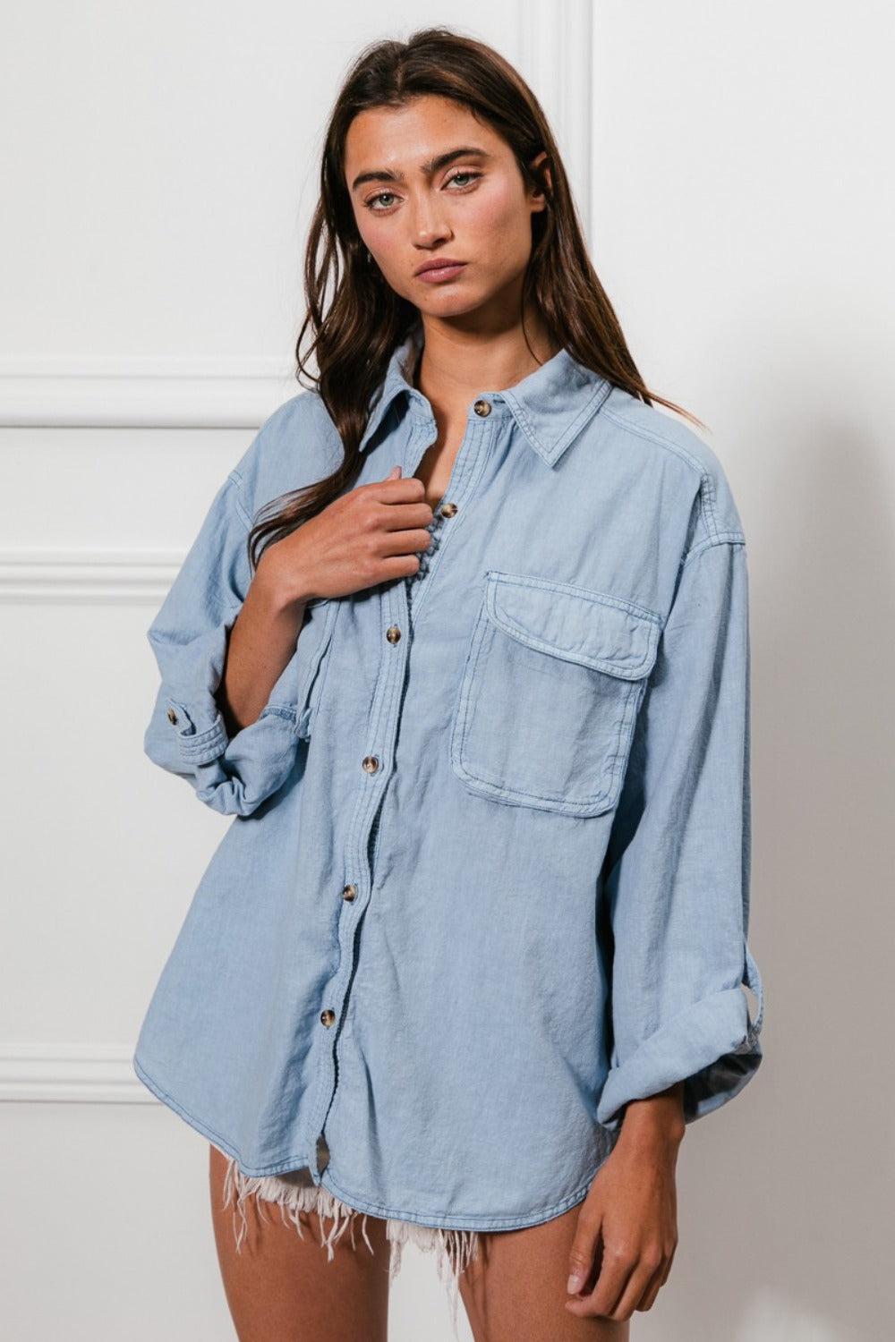 BiBi Button Down Stitch Detail Shirt with Chest Pockets - Tigbul's Variety Fashion Shop