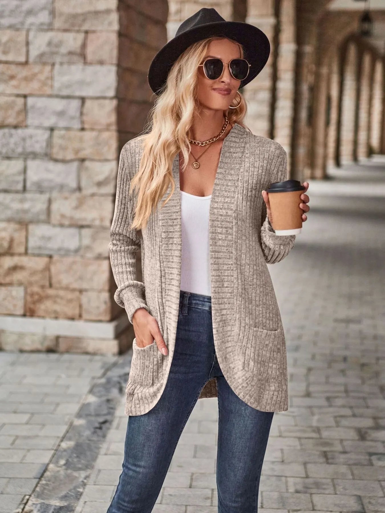 Ribbed Open Front Long Cardigan with Pockets - Tigbul's Variety Fashion Shop