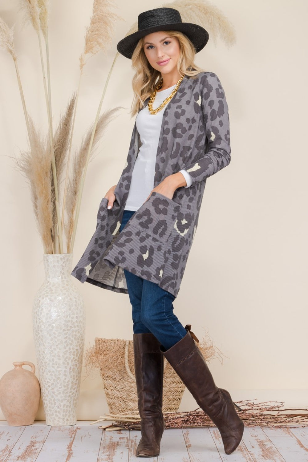 Celeste Full Size Leopard Open Front Contrast Cardigan - Tigbul's Variety Fashion Shop