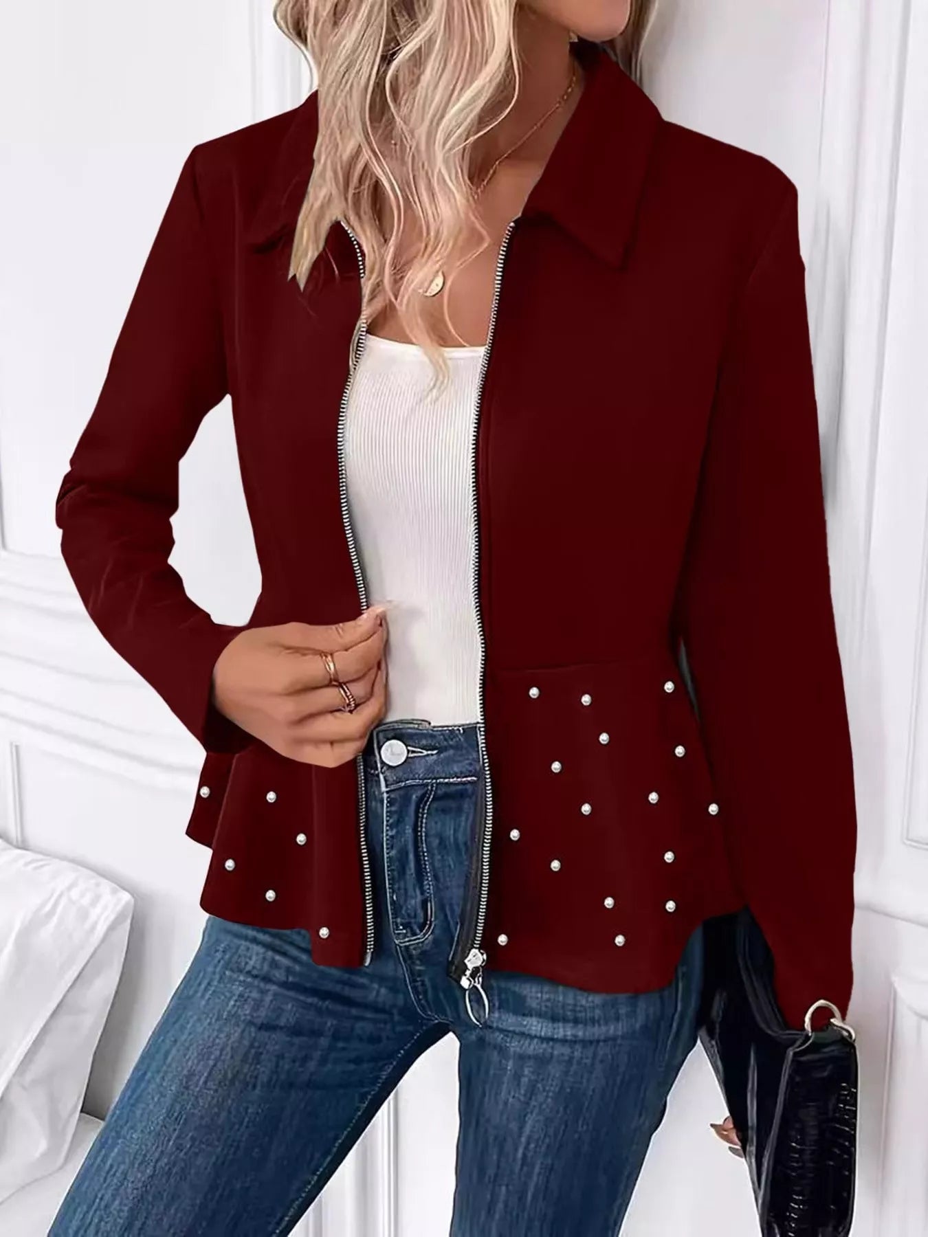 Pearl Embellished Zip-Up Peplum Outerwear - Tigbul's Variety Fashion Shop