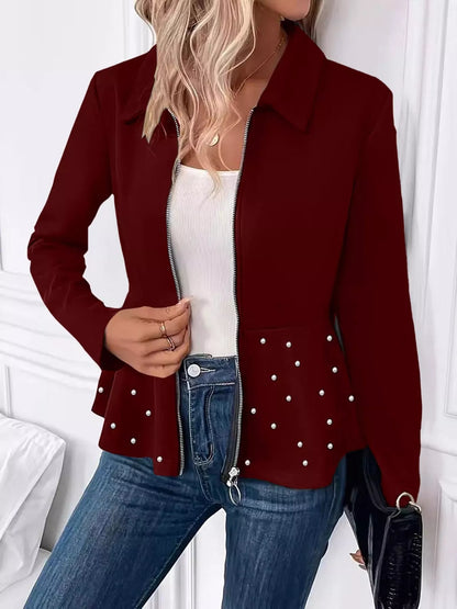 Pearl Embellished Zip-Up Peplum Outerwear - Tigbul's Variety Fashion Shop