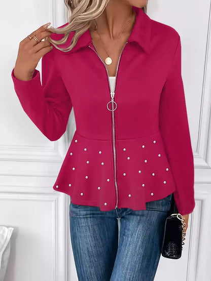 Pearl Embellished Zip-Up Peplum Outerwear - Tigbul's Variety Fashion Shop