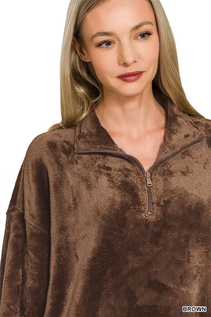 Zenana Faux Fur Half Zip Pocket Pullover - Tigbul's Variety Fashion Shop