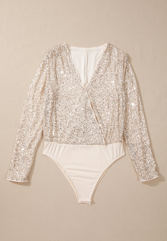 Size Small Ivory Sequin Surplice Long Sleeve Bodysuit - Tigbul's Variety Fashion Shop