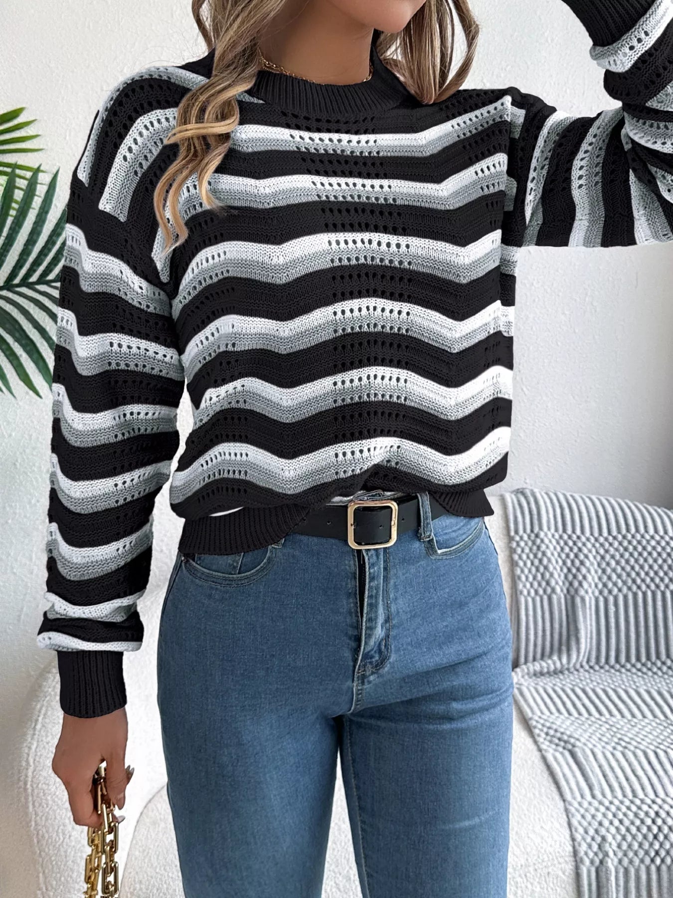 Striped Round Neck Long Sleeve Sweater - Tigbul's Variety Fashion Shop