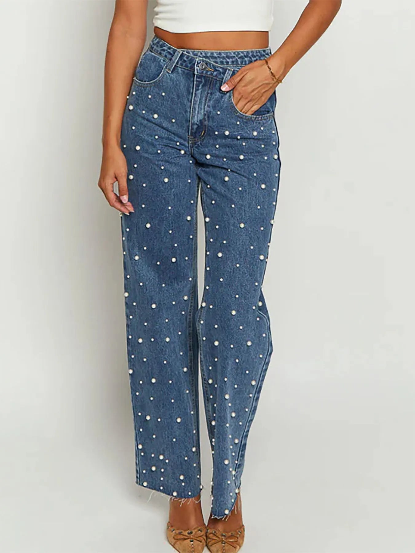 Pearl Embellished High Waist Straight Leg Jeans - Tigbul's Variety Fashion Shop