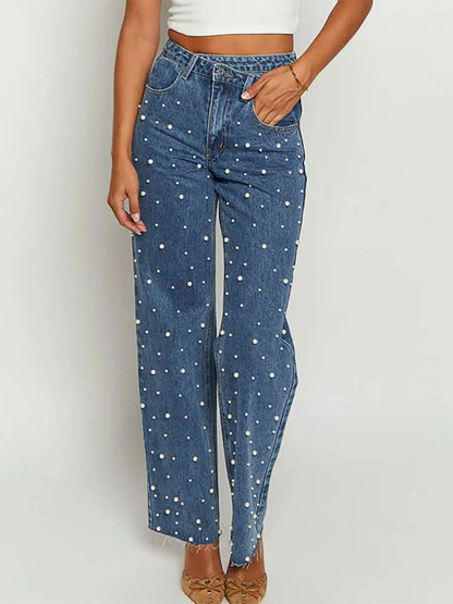 Pearl Embellished High Waist Straight Leg Jeans - Tigbul's Variety Fashion Shop