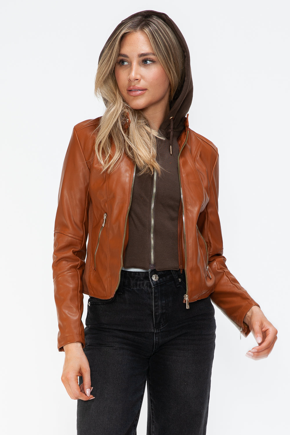 Faux Leather Zip Up Drawstring Hooded Jacket in Camel