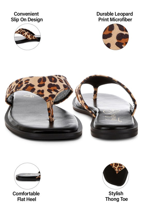Pair of leopard print thong flat sandals with square thong toe detail