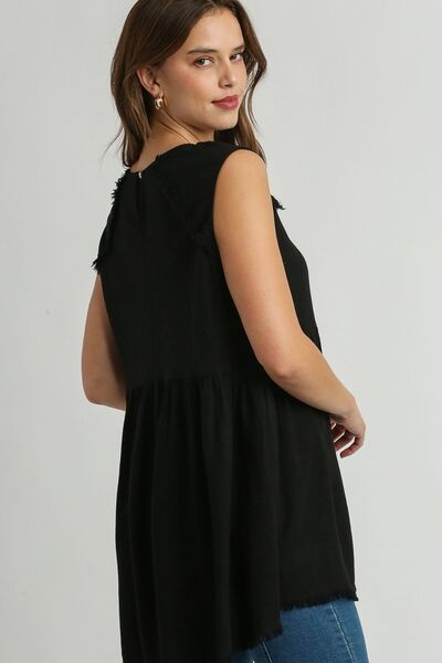 Black Raw Hem Linen Round Neck Sleeveless Top - Tigbul's Variety Fashion Shop