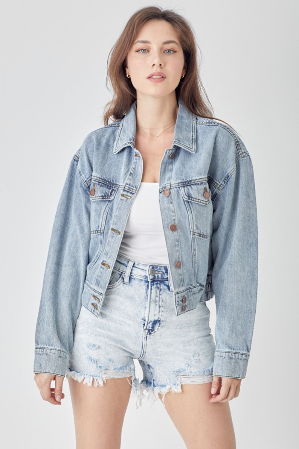 RISEN Full Size Button Down Cropped Denim Jacket - Tigbul's Variety Fashion Shop