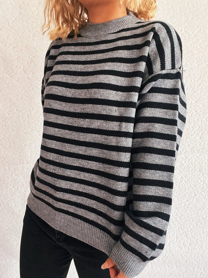 Striped Mock Neck Long Sleeve Sweater - Tigbul's Variety Fashion Shop