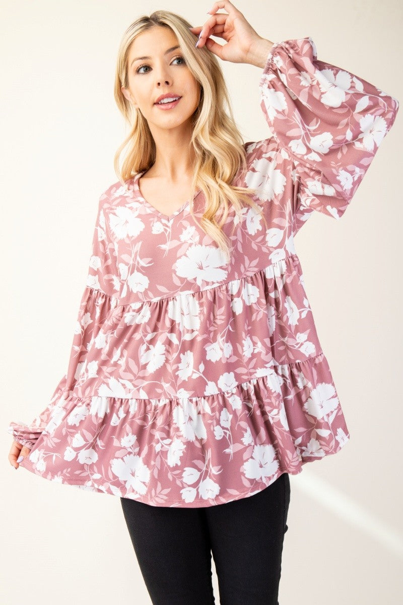 Celeste Full Size Tiered Floral V-Neck Long Sleeve Blouse - Tigbul's Variety Fashion Shop