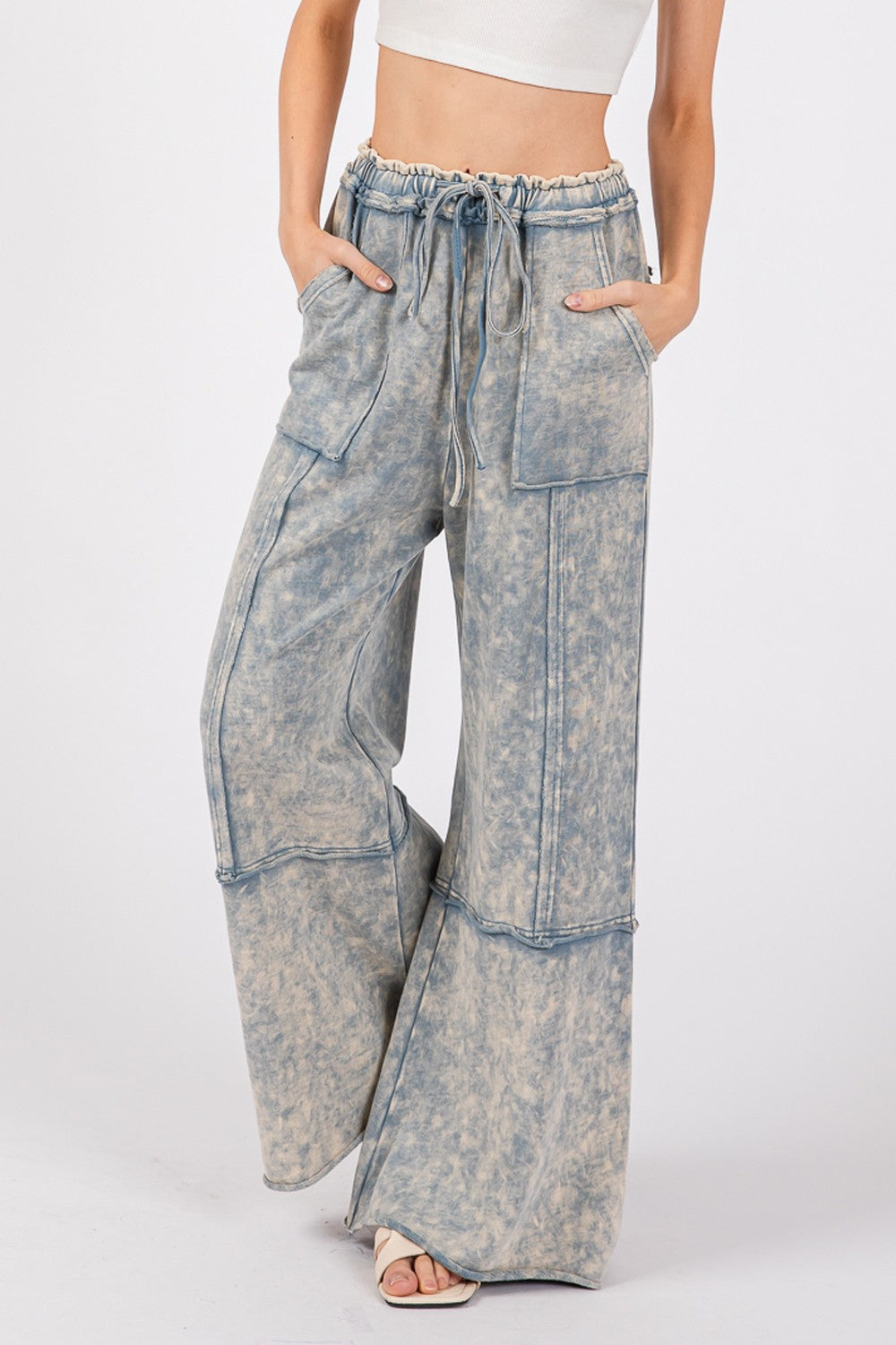 Blue Mineral Washed Terry Wide Leg Pants - Tigbul's Variety Fashion Shop