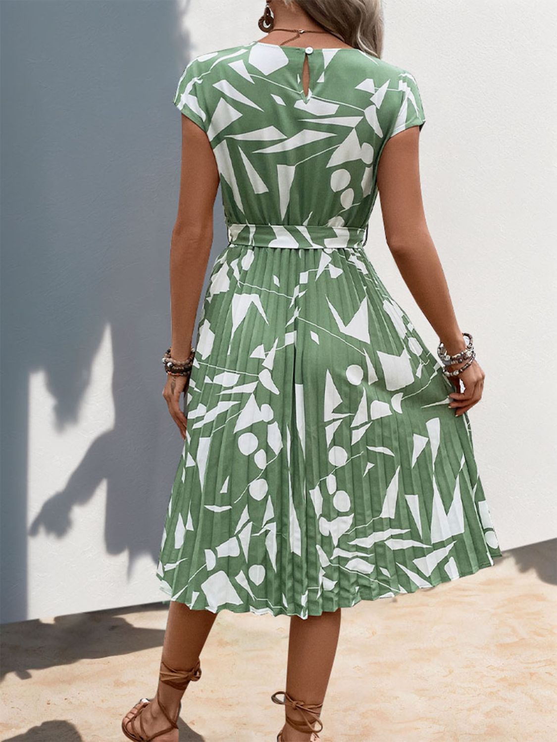 Tied Pleated Printed Cap Sleeve Dress - Tigbul's Variety Fashion Shop