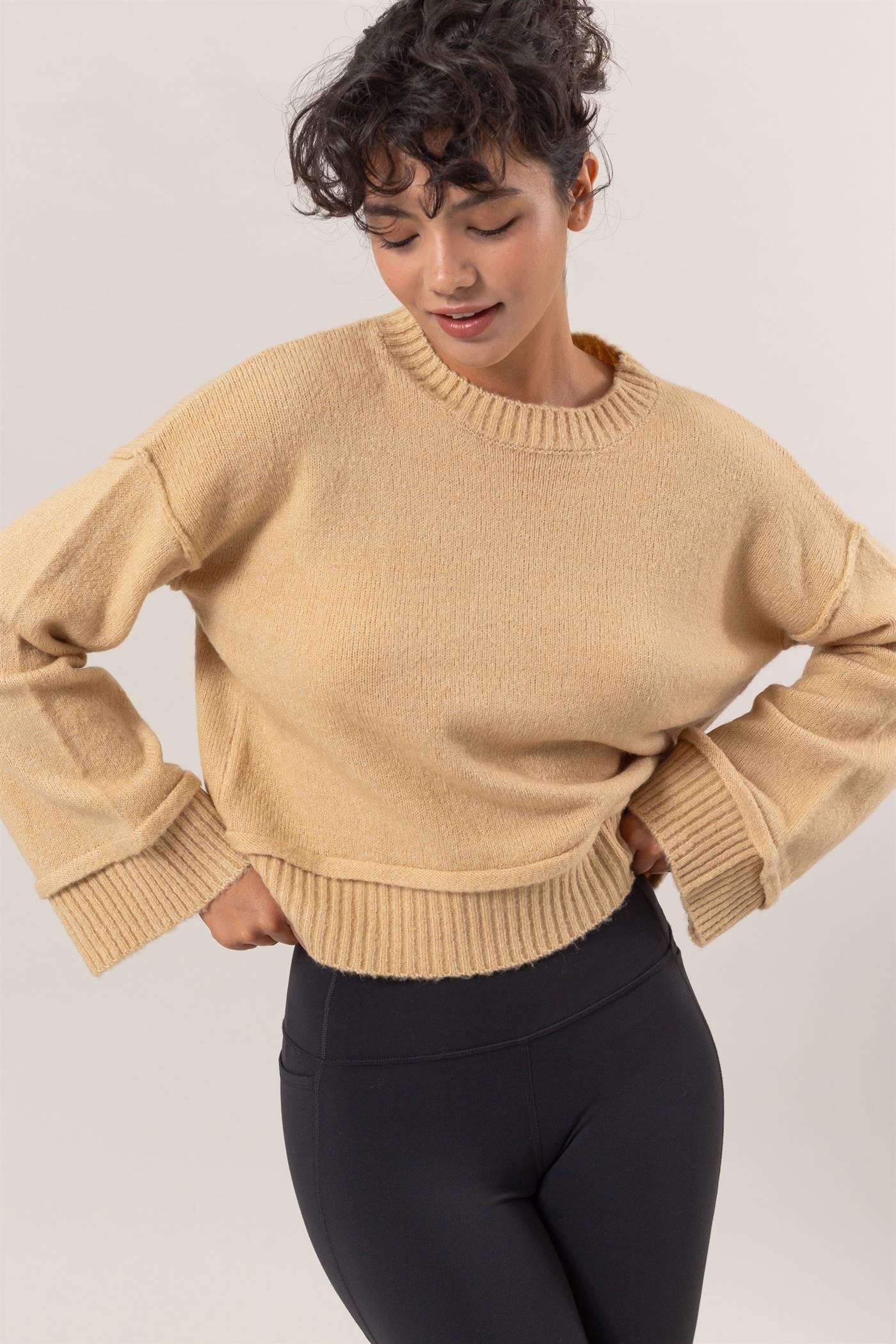 Taupe Round Neck Dropped Shoulder Ribbed Sweater - Tigbul's Variety Fashion Shop