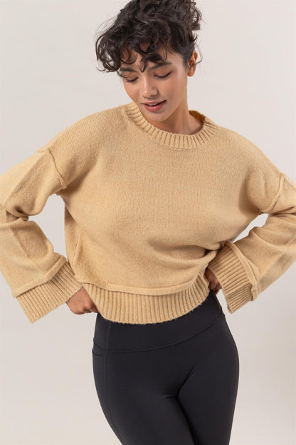 Taupe Round Neck Dropped Shoulder Ribbed Sweater - Tigbul's Variety Fashion Shop