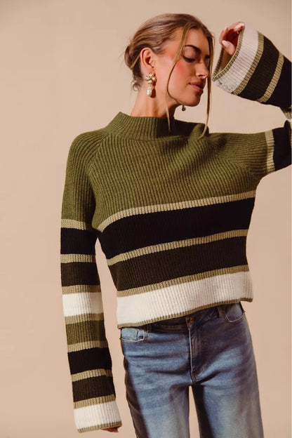 Multi Color Striped Mock Neck Sweater - Tigbul's Variety Fashion Shop