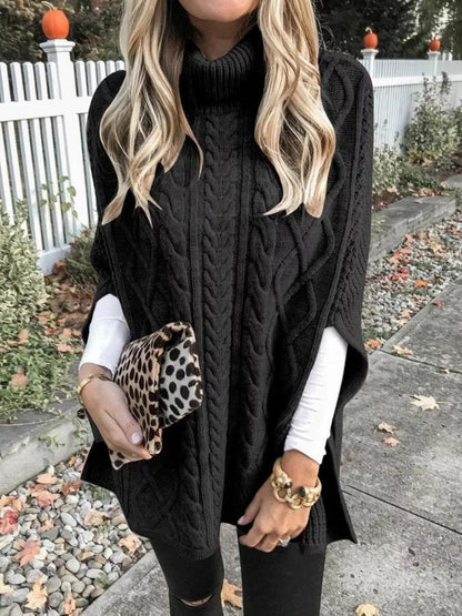 Chunky Cable Knit Turtleneck Poncho Cover Up - Tigbul's Variety Fashion Shop