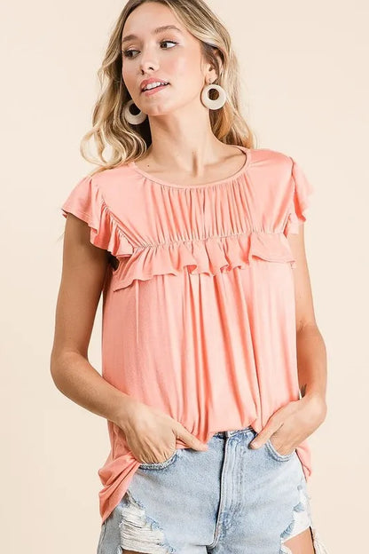 Jersey Knit Gathered Top with Ruffles - Tigbul's Variety Fashion Shop
