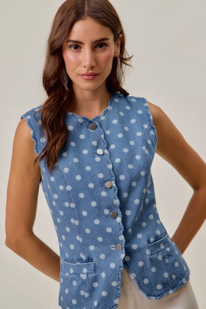 Polka Dot Blue Denim Scallop Edge Button Down Vest Top - Tigbul's Variety Fashion Shop