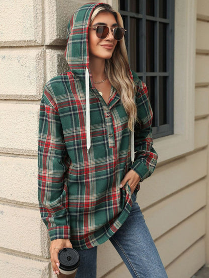 Drawstring Plaid Hooded Long Sleeve Top - Tigbul's Variety Fashion Shop