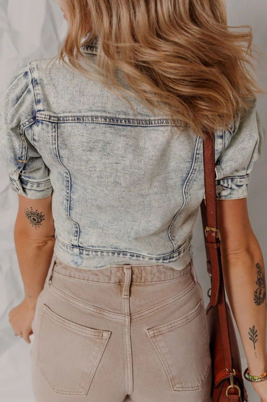 Wash Buttoned Chest Pocket Puff Sleeve Denim Jacket - Tigbul's Variety Fashion Shop