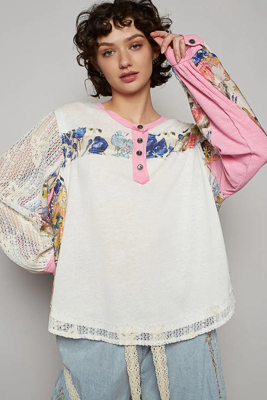 POL Button Detail Floral Patchwork Crochet Sleeve Blouse - Tigbul's Variety Fashion Shop