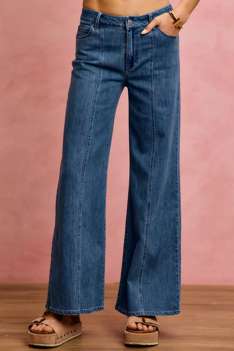 SO ME mid-rise stretch denim jeans, front view with wide straight legs and seam stitching.