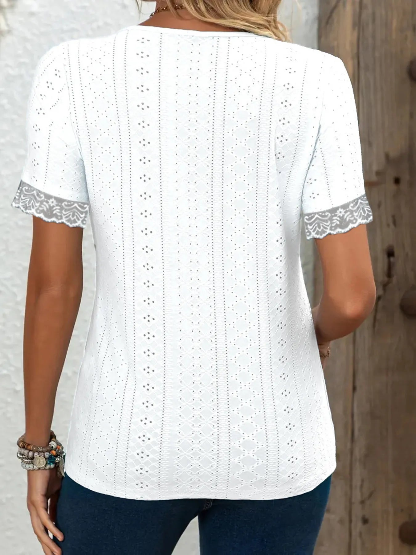 Eyelet Lace Trim Short Sleeve Blouse - Tigbul's Variety Fashion Shop