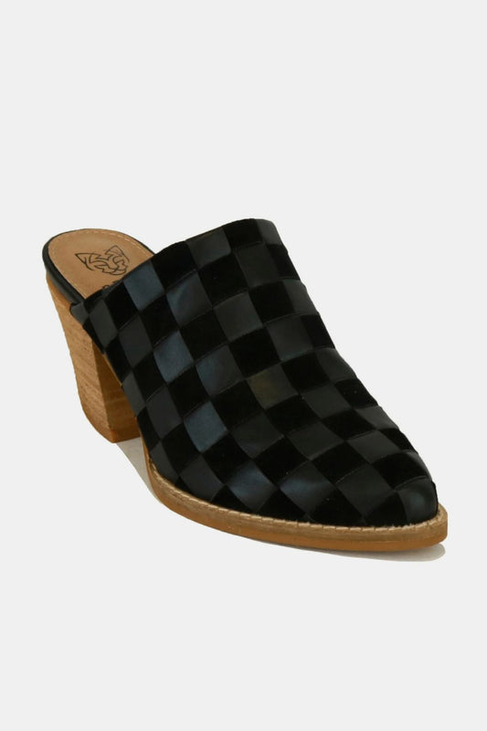 Black Woven Checkerboard Block Heel Mule Shoes - Tigbul's Variety Fashion Shop
