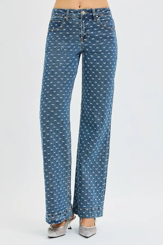 RISEN High Rise Wide Leg Bow Embroidered Jeans - Tigbul's Variety Fashion Shop