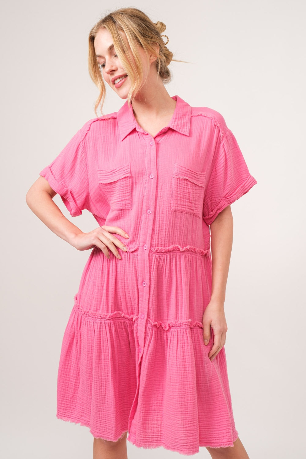 And The Why Full Size Raw Edge Washed Tiered Shirt Dress - Tigbul's Variety Fashion Shop