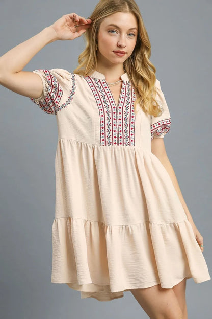 Umgee Floral Trim Puff Sleeve Mini Dress - Tigbul's Variety Fashion Shop