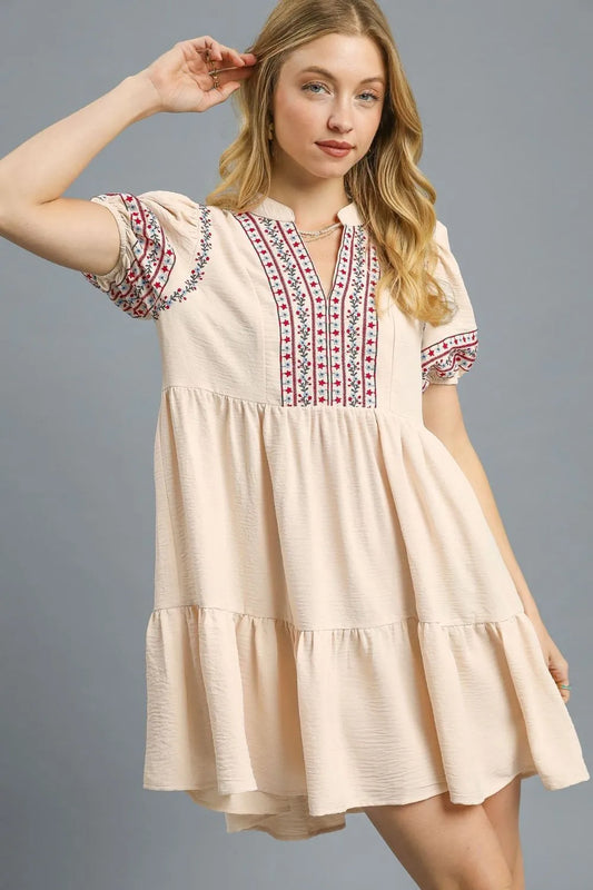 Umgee Floral Trim Puff Sleeve Mini Dress - Tigbul's Variety Fashion Shop