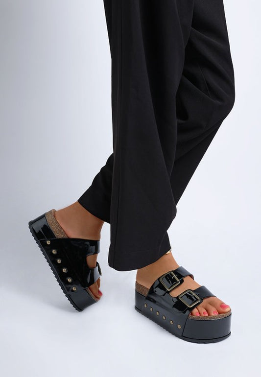 Merton Studded Black Platform Slip On Sandals - Tigbul's Variety Fashion Shop