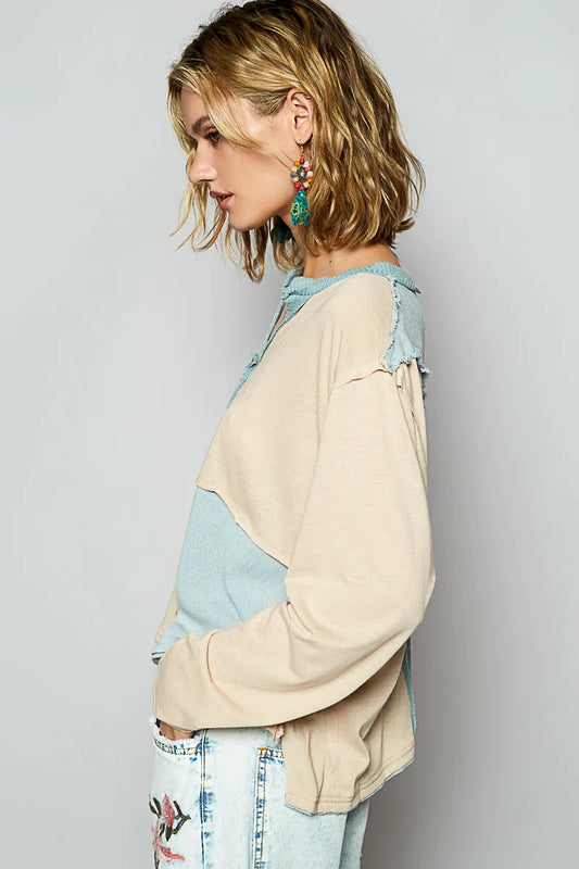 POL Color Block Notched Long Sleeve T-Shirt - Tigbul's Variety Fashion Shop