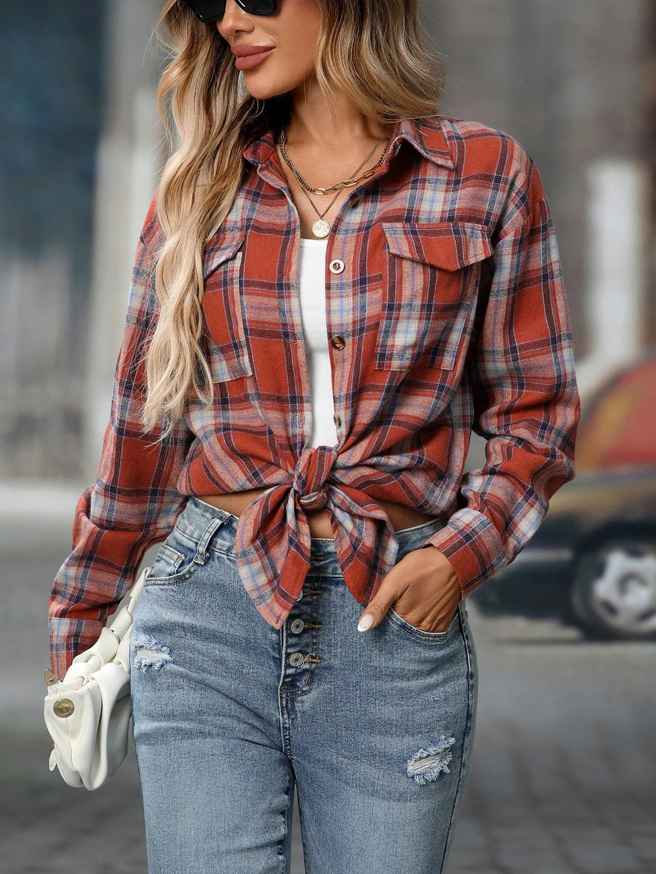 Plaid Button-Down Oversized Shirt - Tigbul's Variety Fashion Shop